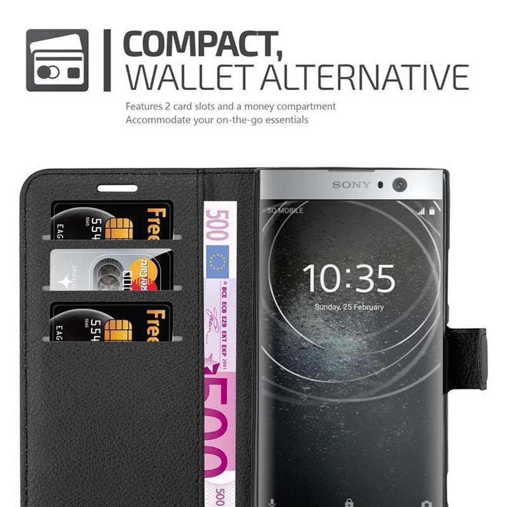 Custodia a portafoglio nera con telefono, carte e banconote.