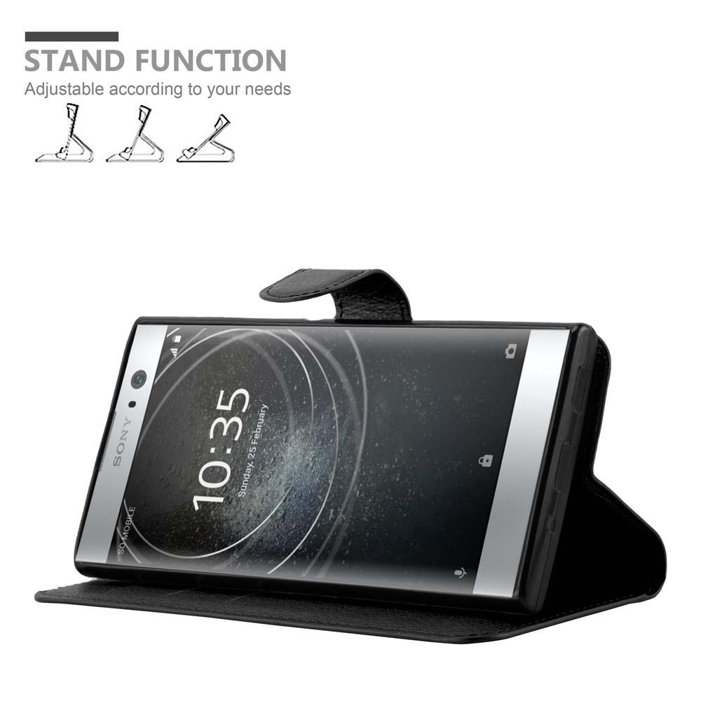 Custodia nera per telefono in posizione stand, con logo Sony e ora 10:35.