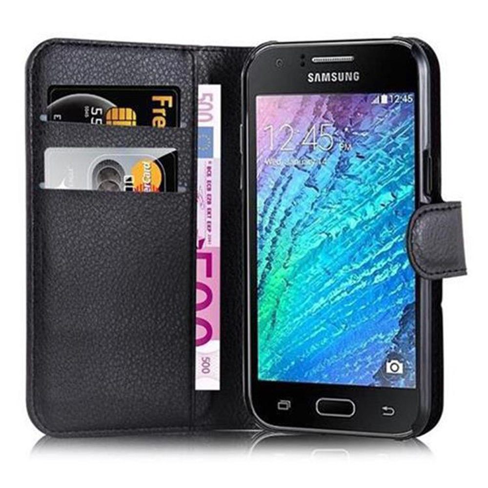 Custodia a portafoglio in pelle nera con telefono Samsung, carte di credito e banconote.
