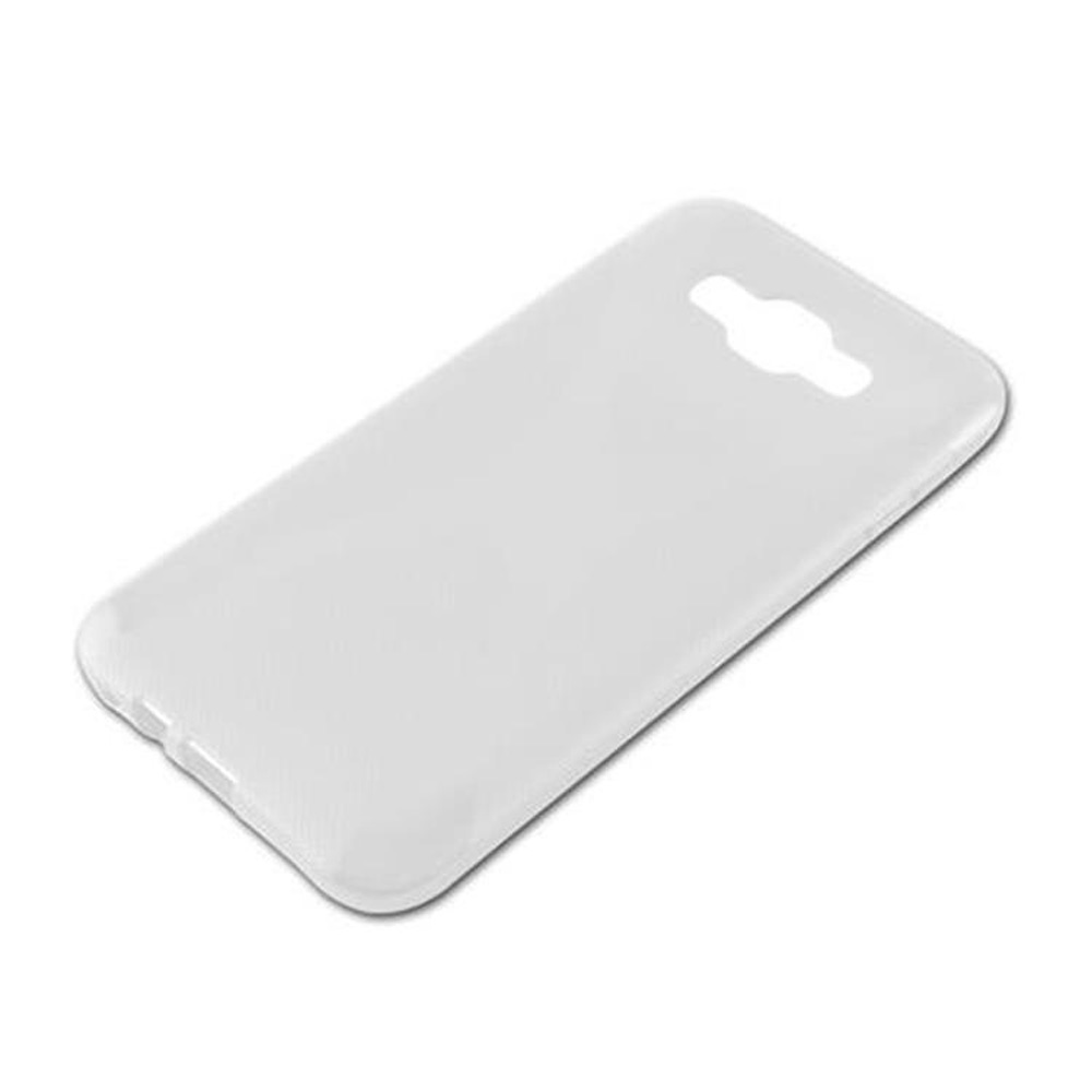 Una custodia bianca per cellulare con ritagli in alto e in basso.