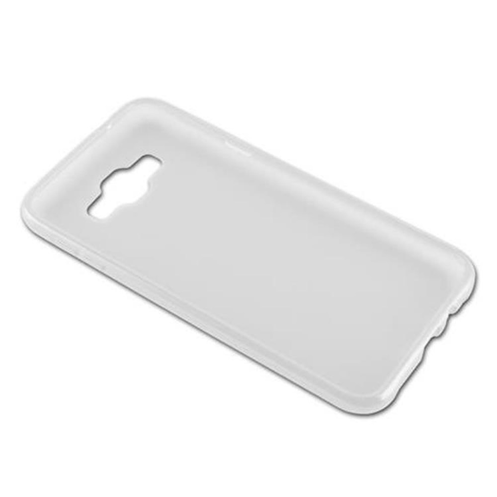 Una custodia bianca per telefono con ritagli per fotocamera e porte.