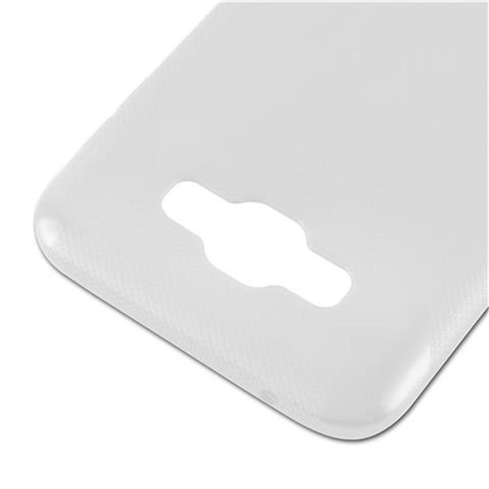 Una cover bianca per telefono con ritagli per fotocamera e flash.