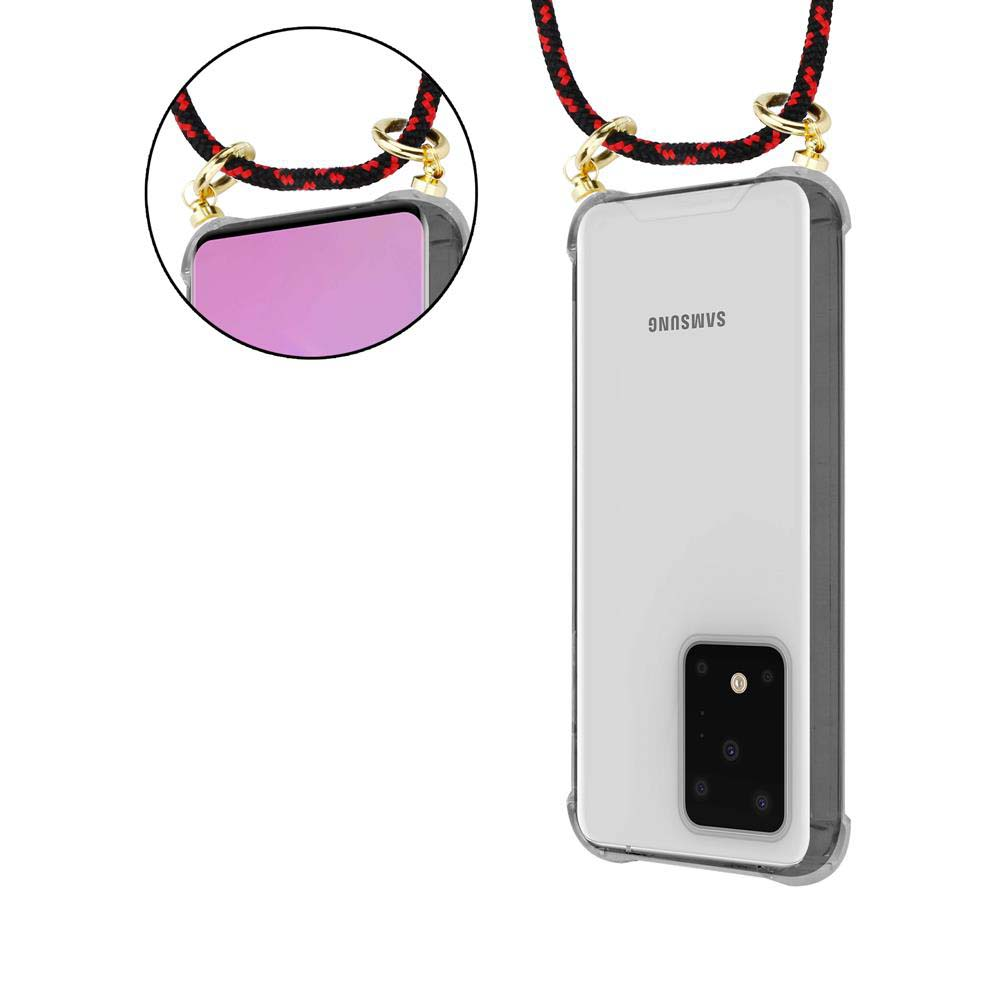 Un telefono Samsung trasparente con un cordino nero e rosso attaccato.