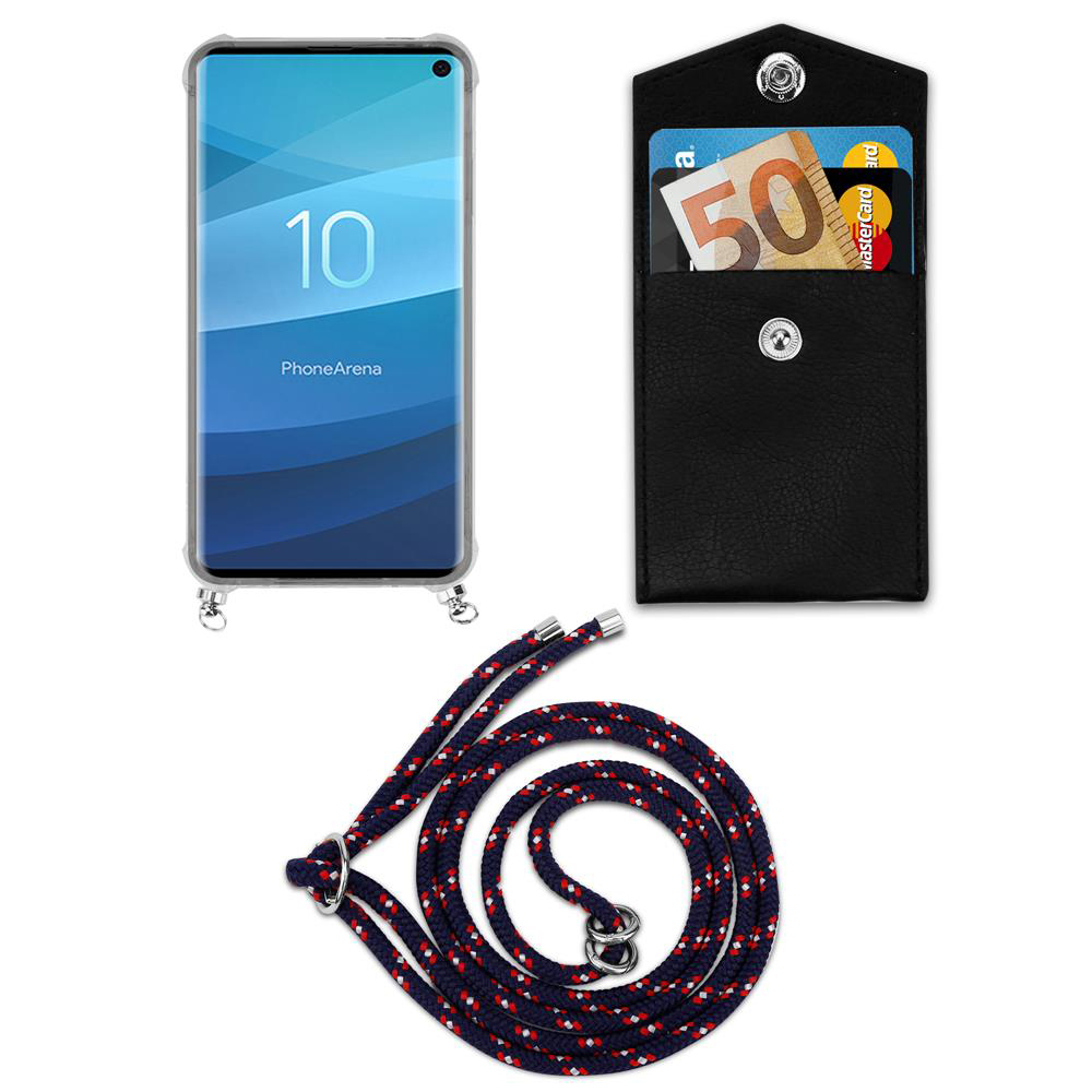 Smartphone con laccetto e portafoglio nero con soldi e carta.