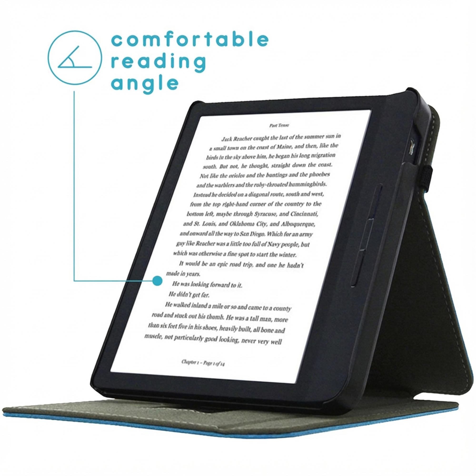 E-reader in zwart hoesje met tekst. "Comfortabele leeshoek."