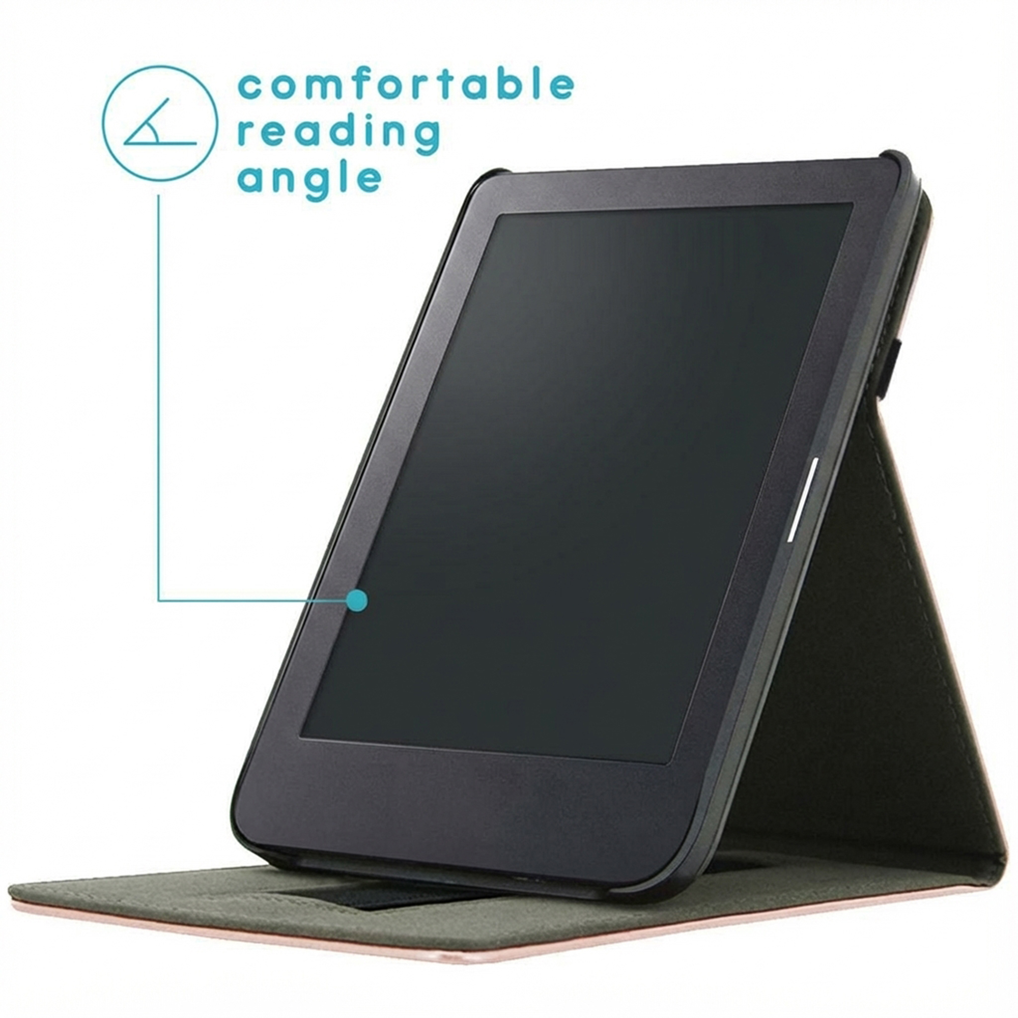 Een e-reader rechtop in een grijze hoes, schuin voor comfortabel lezen.