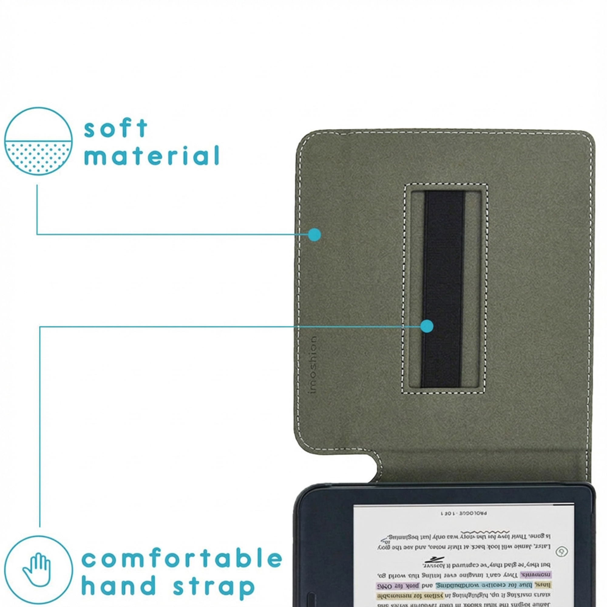 Couverture verte pour liseuse, livre ouvert avec passages de texte surlignés visibles.