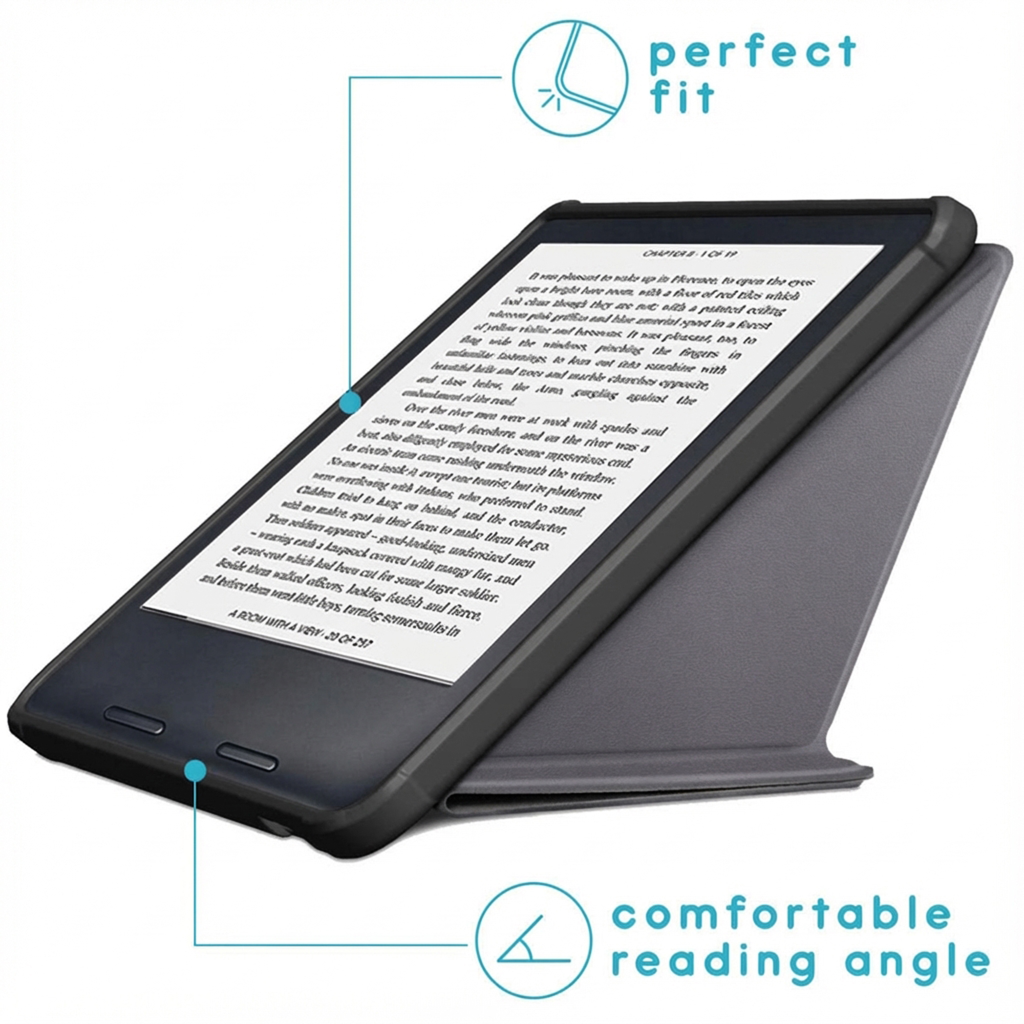 Een zwarte e-reader met een grijze hoes, liggend op zijn kant.
