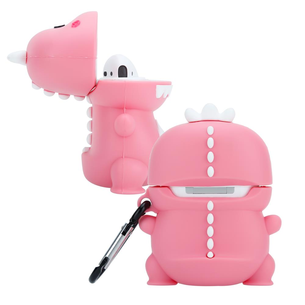 Zwei rosa Dinosaurier-Airpod-Hüllen mit weißen Details vor weißem Hintergrund.