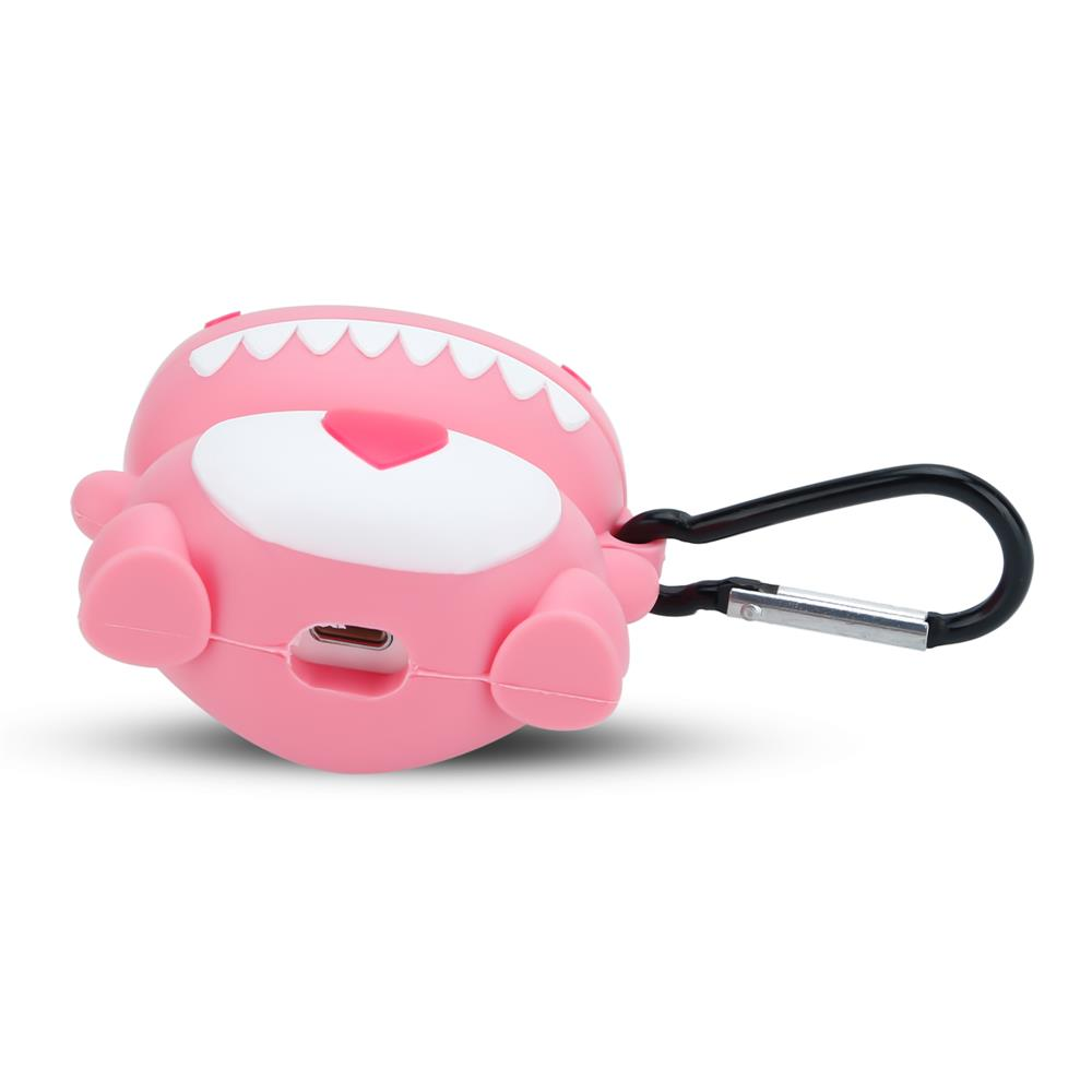 Eine rosa Hülle in Bärenform mit weißen Zähnen, einem Herz und einem USB-Anschluss.