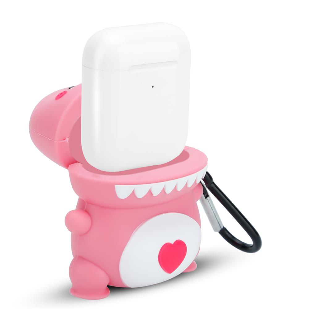 Ein weißes AirPod-Etui sitzt in einem rosa dinosaurierförmigen Silikonetui mit Herz.