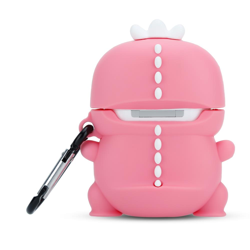 Ein rosa AirPods-Etui in Form einer Figur mit weißen Punkten und einem Karabiner.