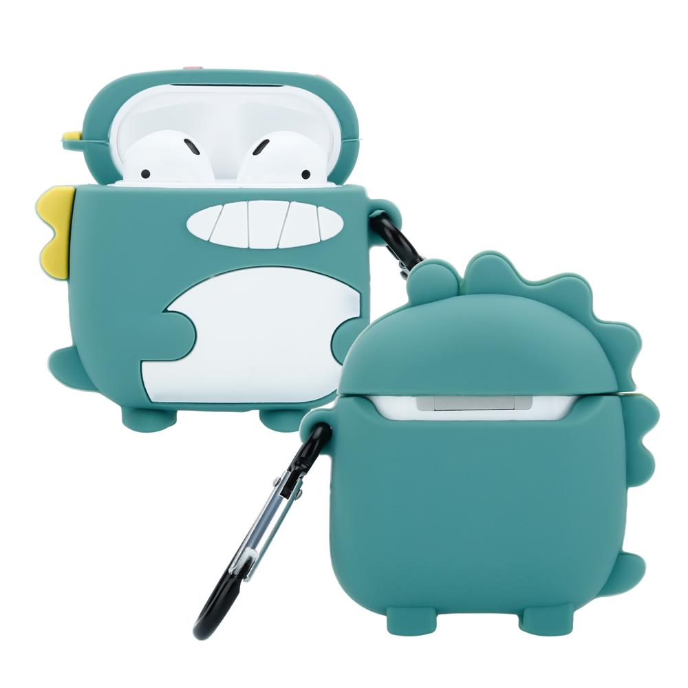 Zwei grüne Dinosaurier-Hüllen für AirPods. Eine ist geöffnet, die andere geschlossen.