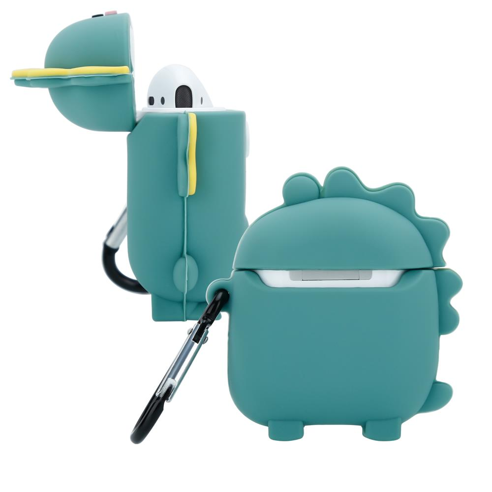 Zwei teal dinosaurier-förmige Hüllen für kabellose Kopfhörer, eine offen, eine geschlossen.