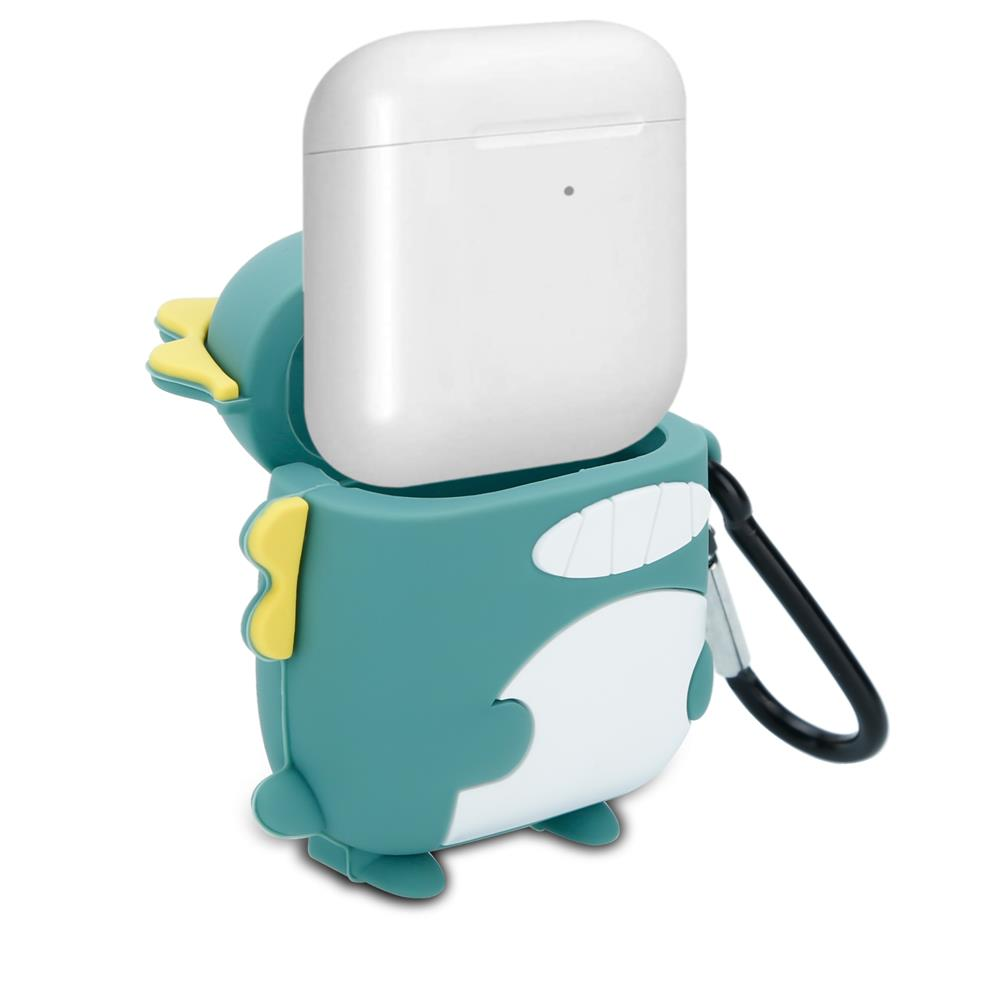 Ein grünes Pinguin-Etui für Kopfhörer mit einem weißen Ladecase.