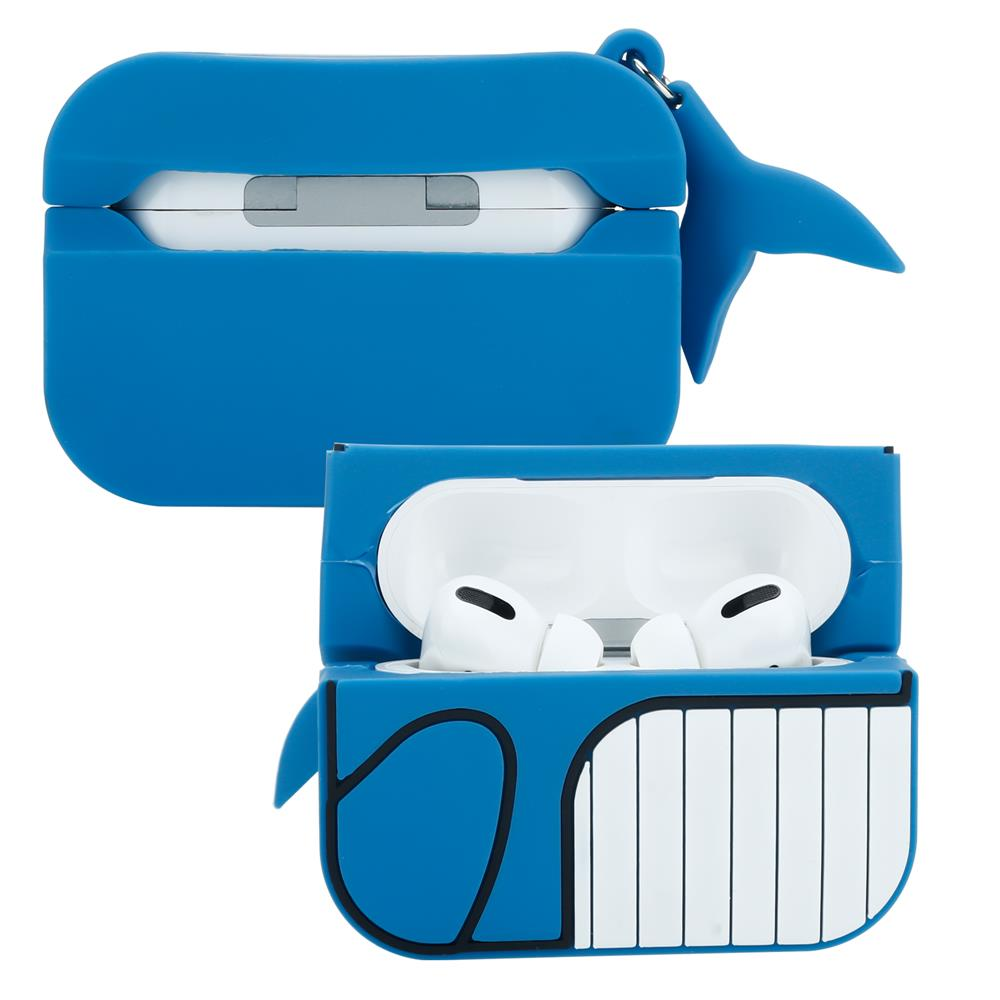 Blaue Wal-AirPods-Hülle mit offenen und geschlossenen Ansichten.