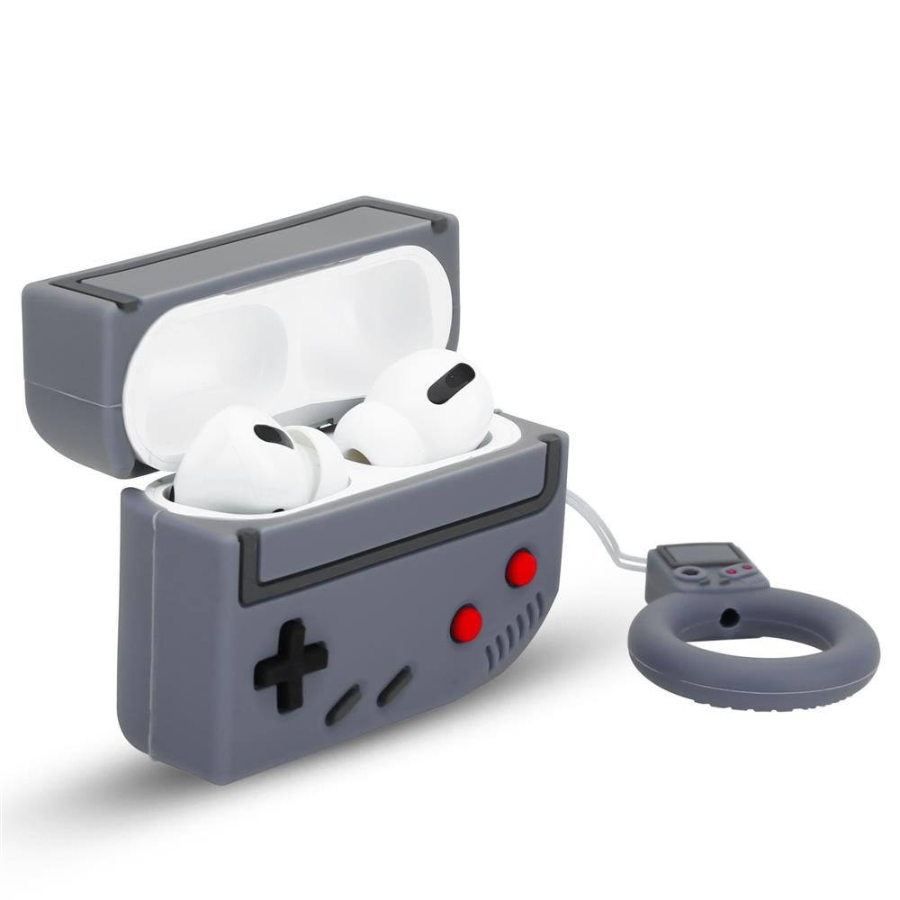 Graues AirPod-Pro-Etui in Form eines Gameboys mit weißen Ohrhörern.