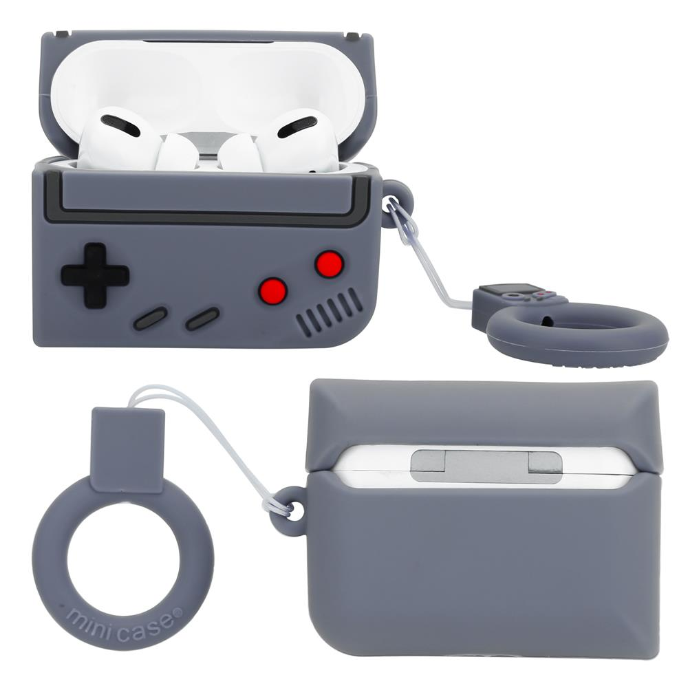 Graue Hülle im Retro-Look für Kopfhörer mit AirPods im Inneren.