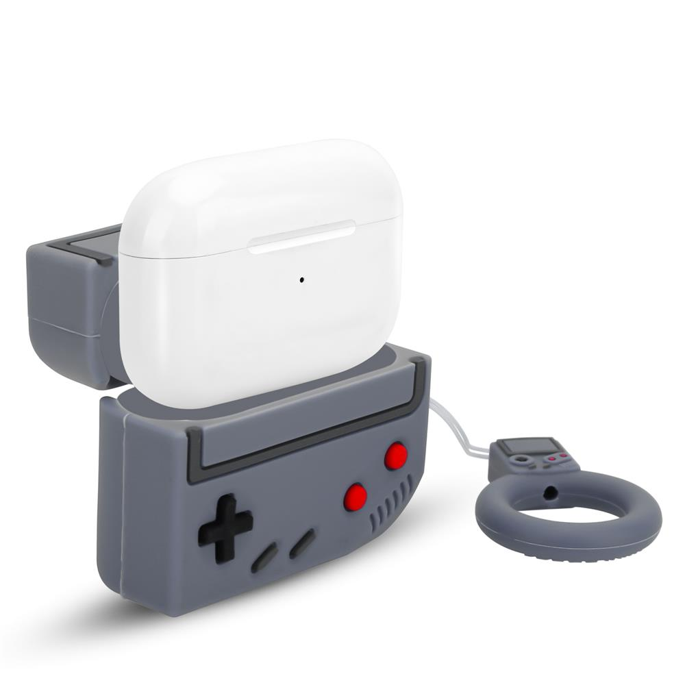 Graue Hülle für Kopfhörer in Form eines Gamecontrollers mit weißen Kopfhörern.