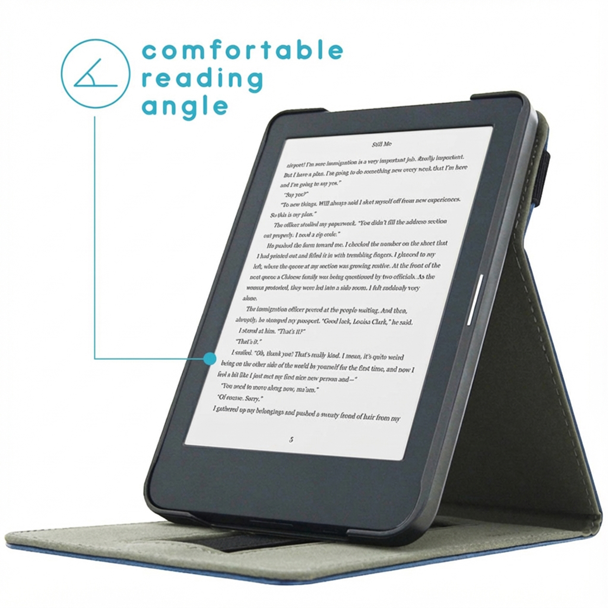 Een e-reader in een donkerblauwe hoes, open. Tekst luidt 'comfortable reading angle'.