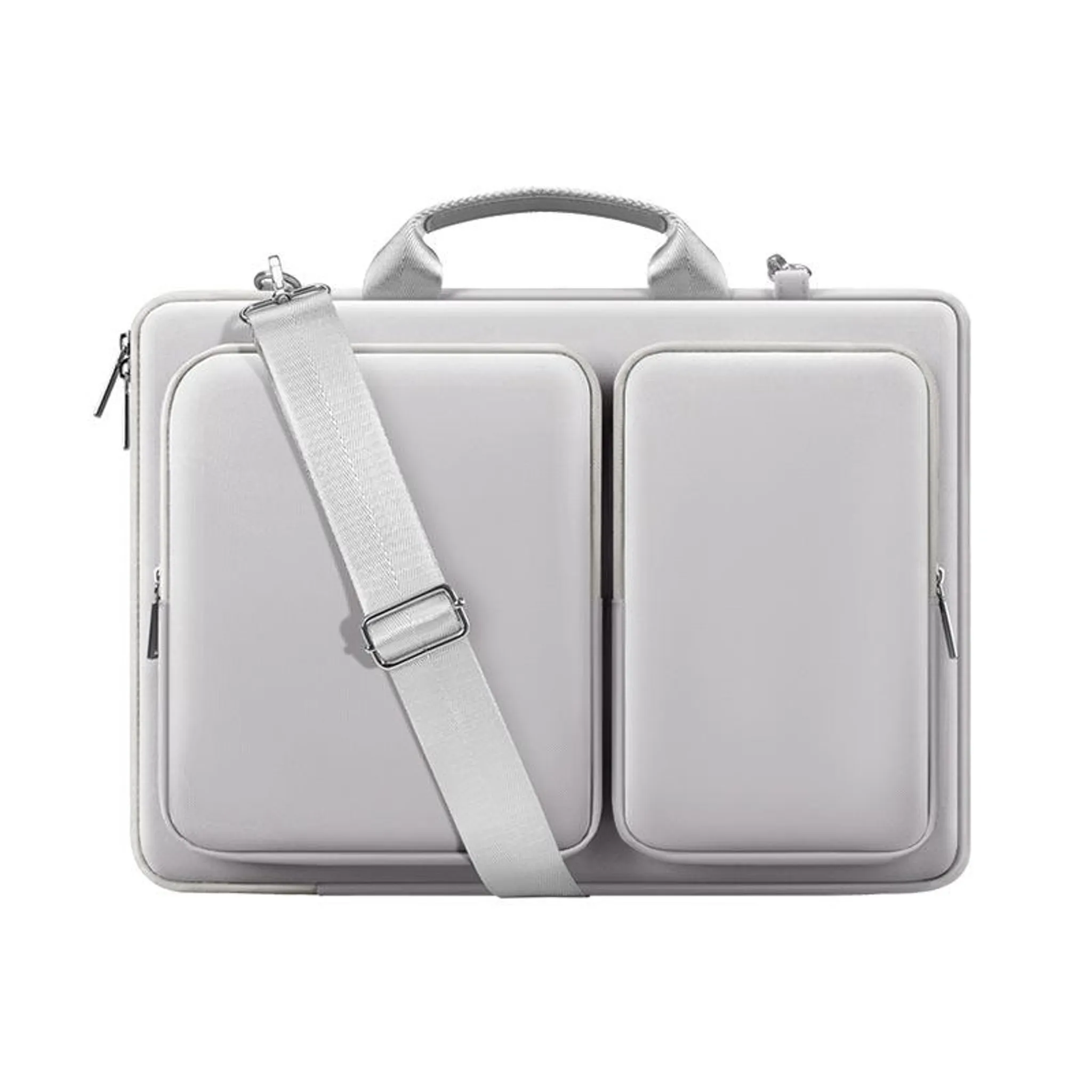 Eine graue Laptoptasche mit Tragegriff und Schultergurt.