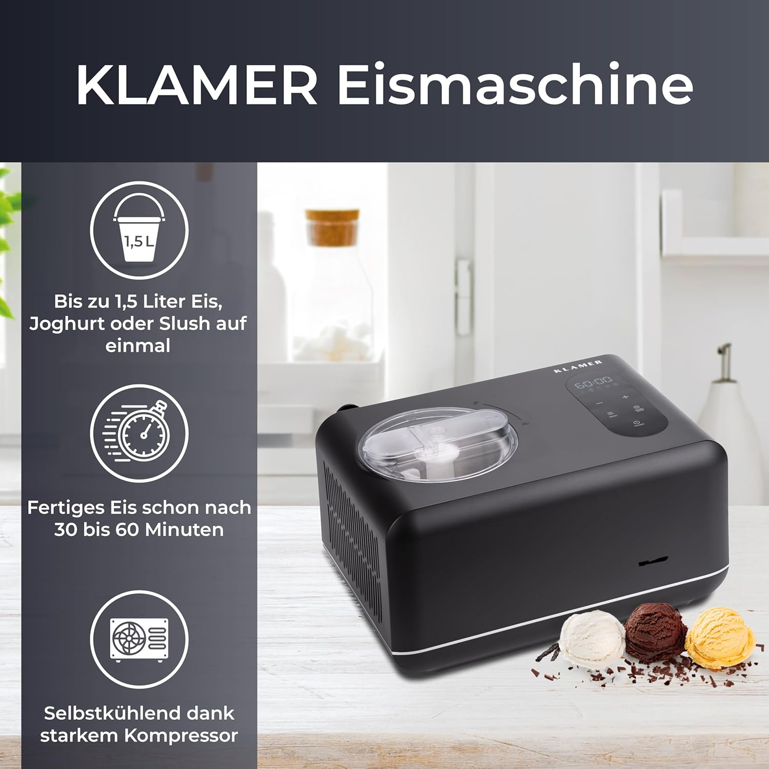 Schwarze Eismaschine von KLAMER macht bis zu 1,5L Eis in 30-60 Min.