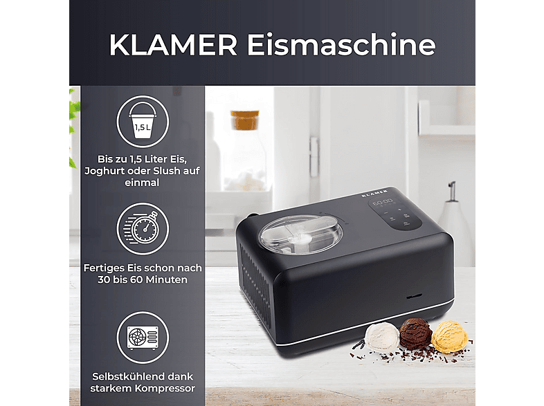 KLAMER Eiscreme, Slush & Joghurtbereiter Eismaschine (150 Watt, Schwarz)