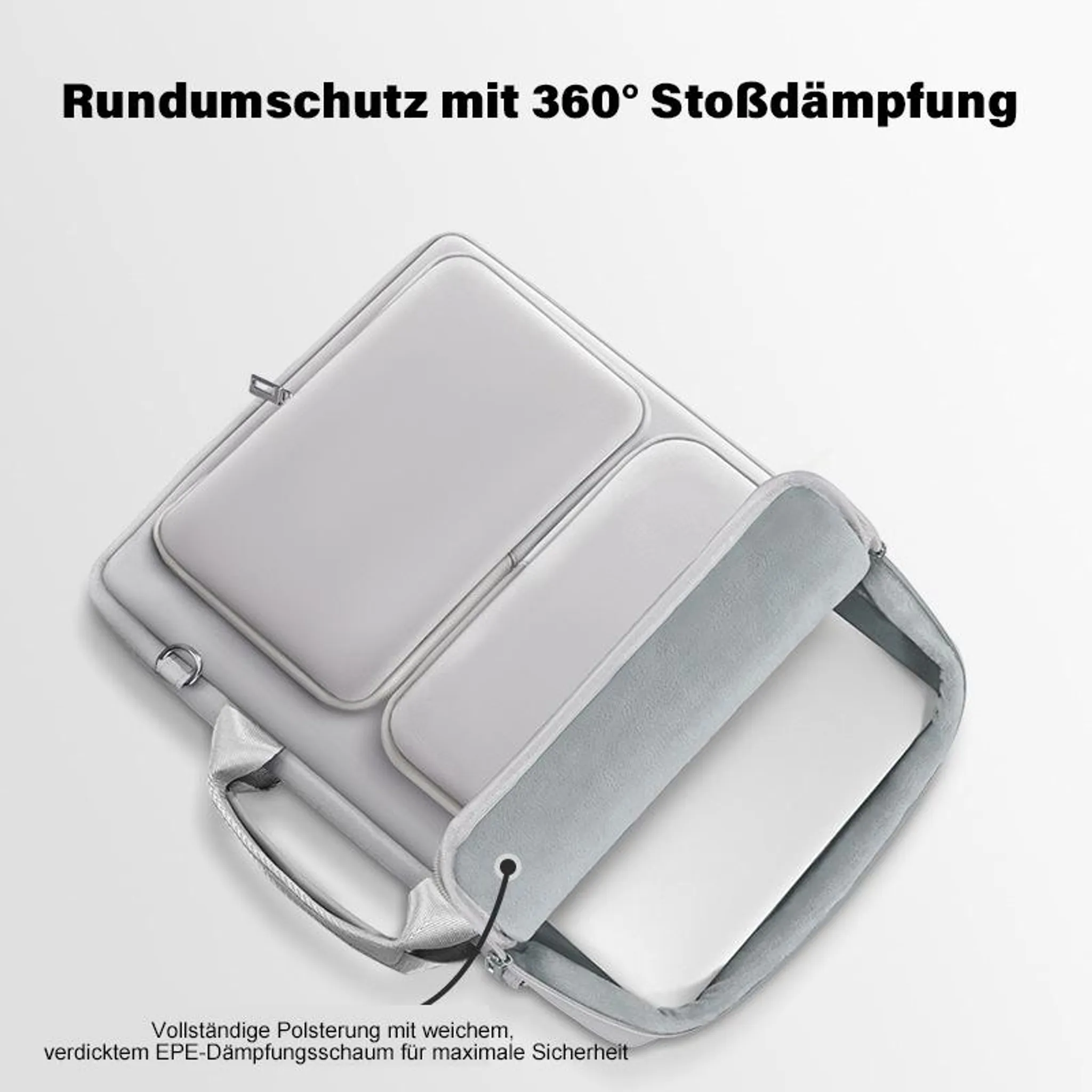 Graue Laptoptasche mit 360° Stoßdämpfung. Innen weich gepolstert.