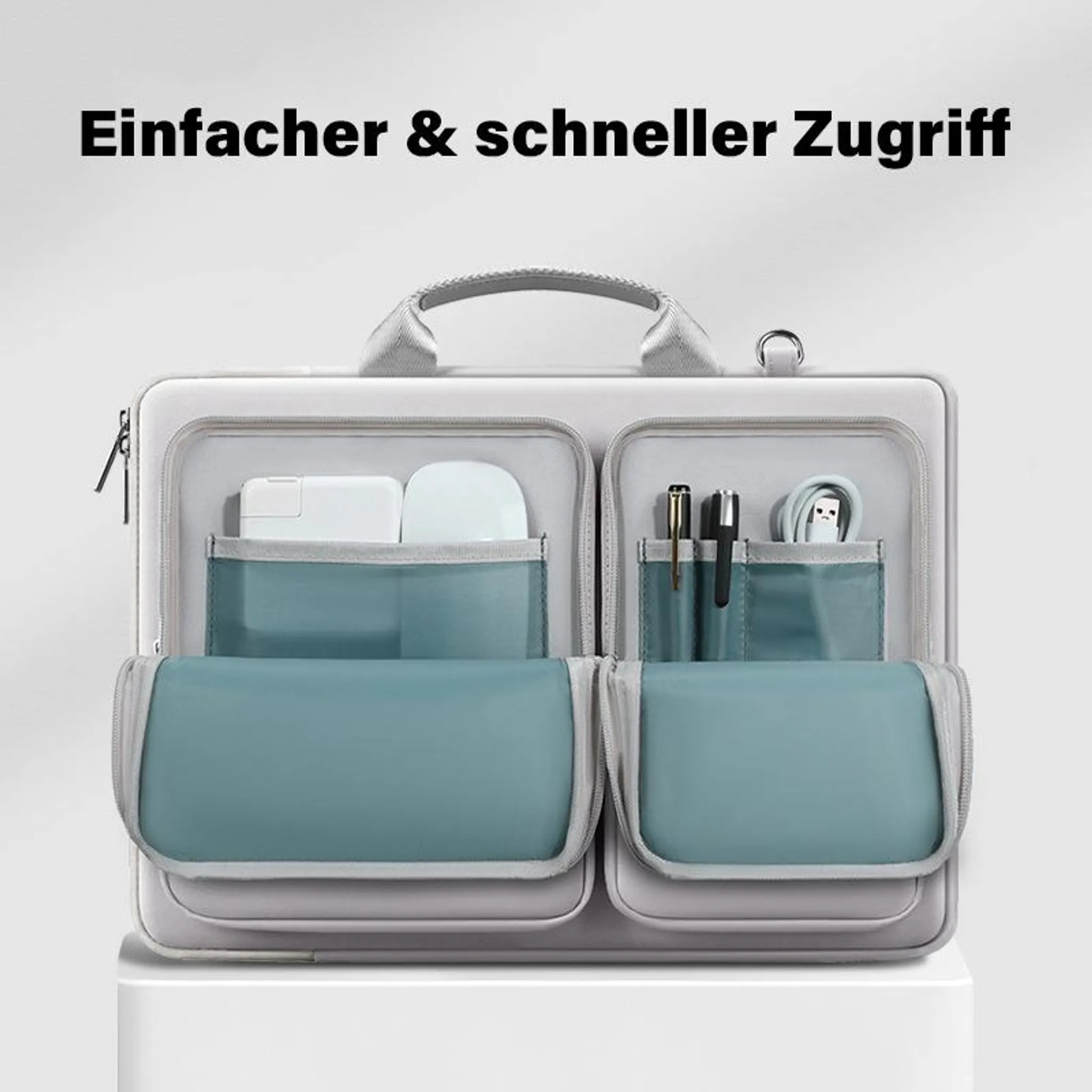 Grauer Laptop-Organizer mit Fächern für Netzteil, Maus, Stifte und Kabel.