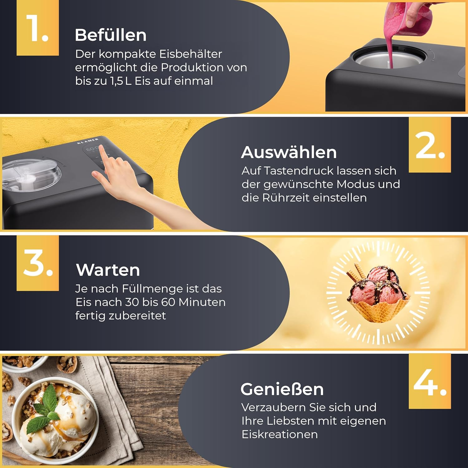 Schritt 1: Befüllen, Schritt 2: Auswählen, Schritt 3: Warten, Schritt 4: Genießen.