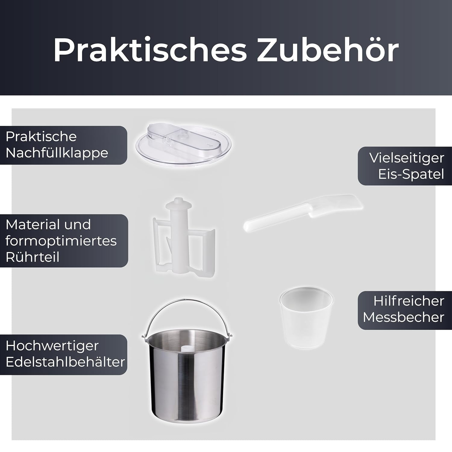 Praktisches Zubehör: Nachfüllklappe, Rührteil, Edelstahlbehälter, Eis-Spatel, Messbecher.