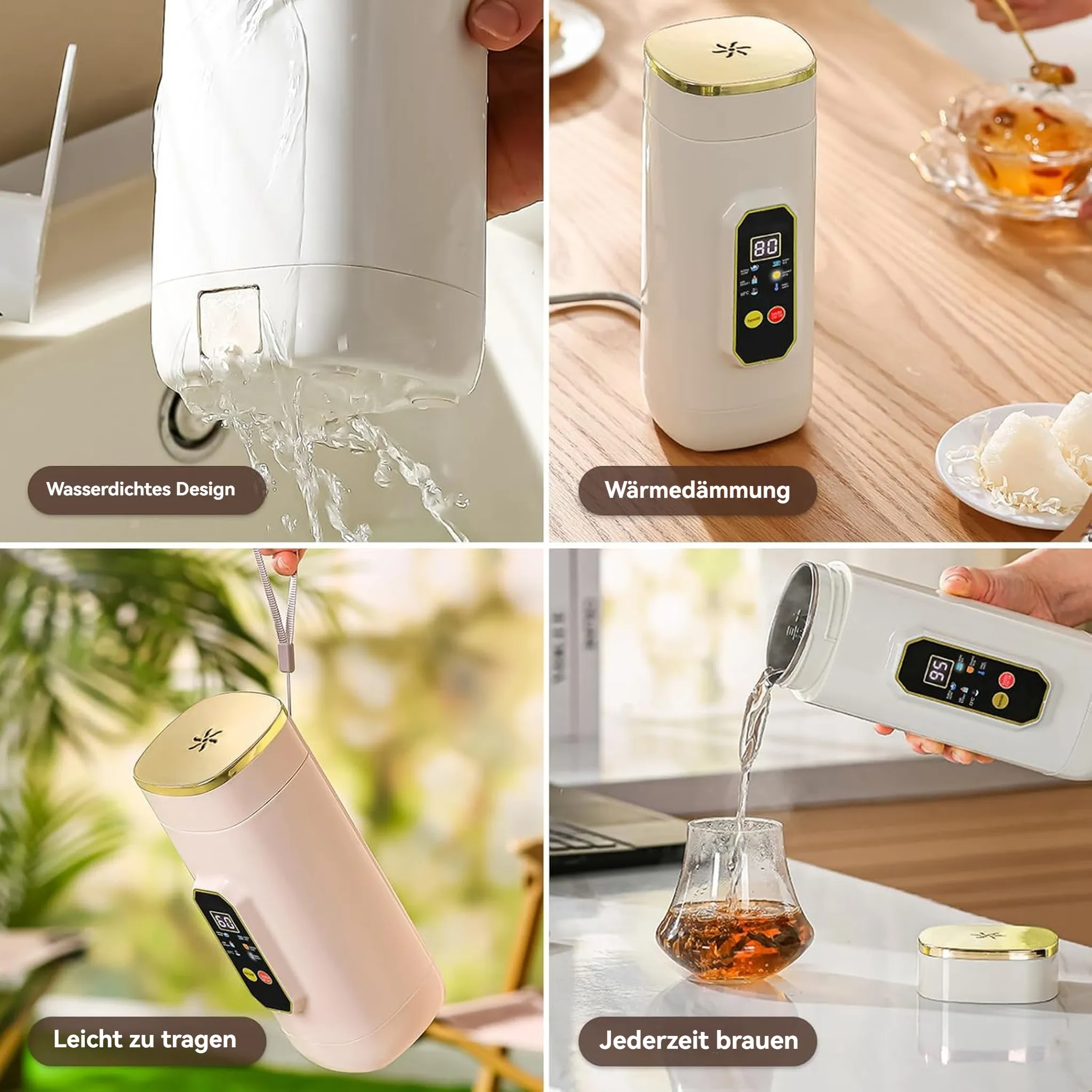 Vier Bilder zeigen einen weißen Wasserkocher, der Wasser ausgießt, und seine Funktionen.