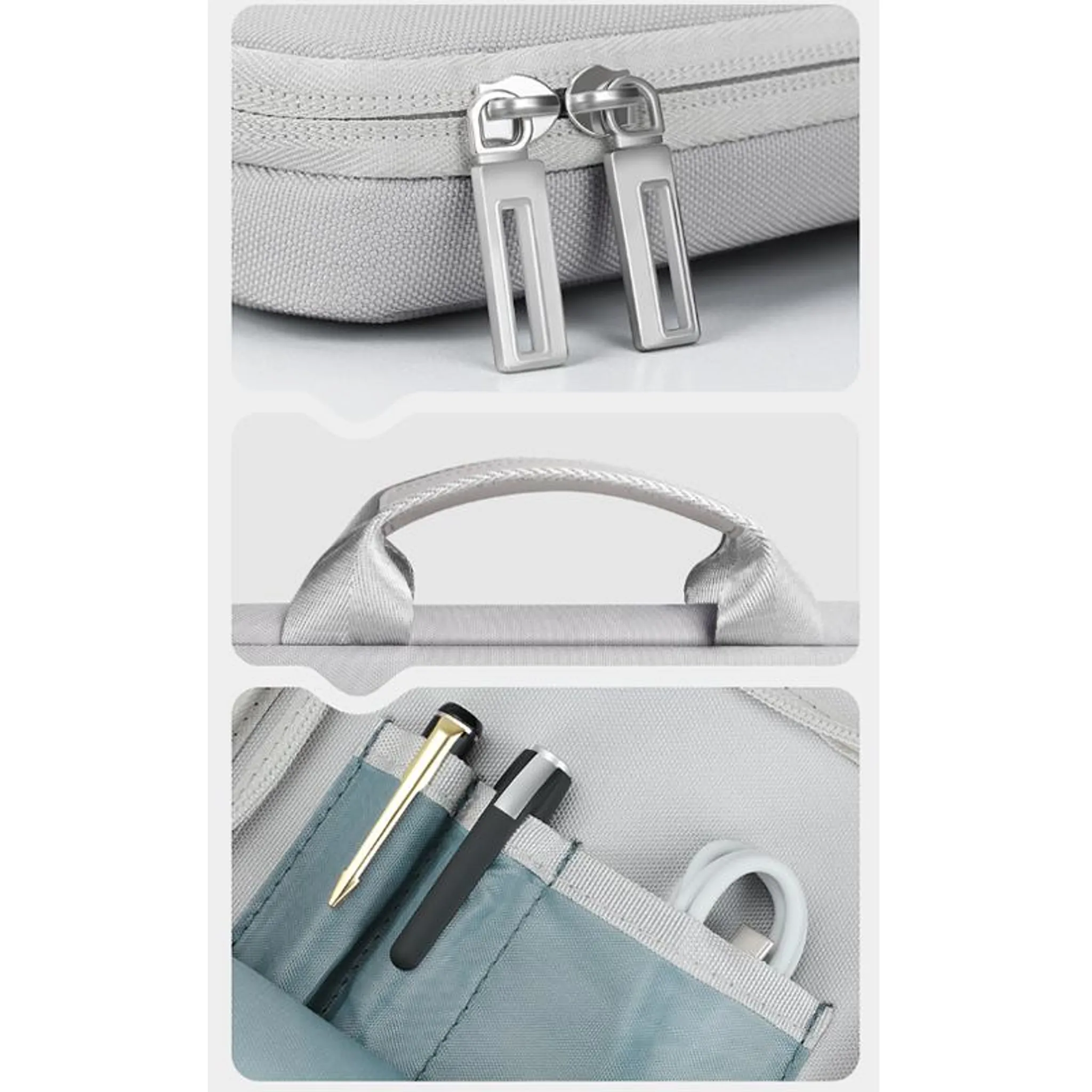 Graue Tasche mit silbernen Reißverschlüssen, Griff und Stiften.