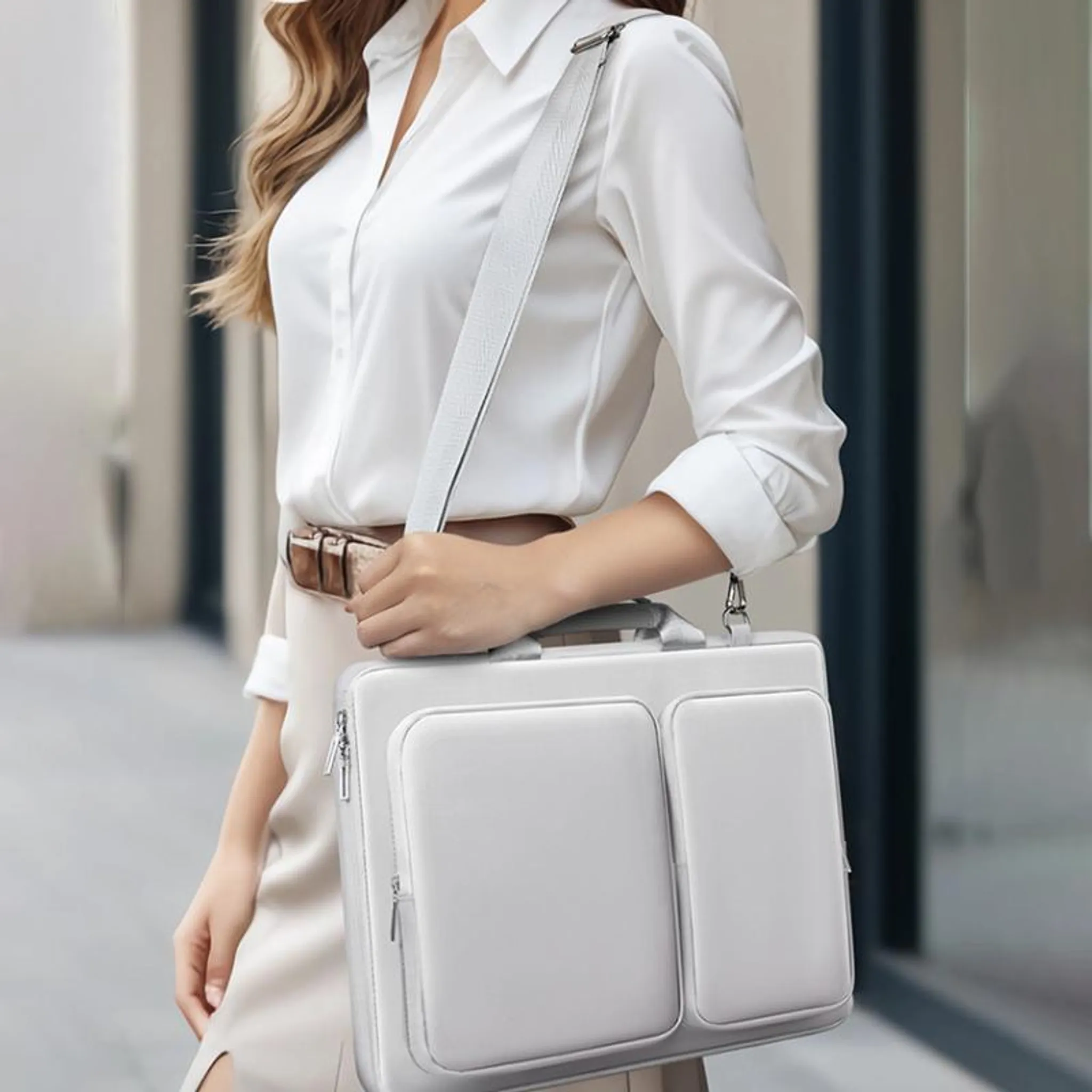 Eine Frau in einem weißen Hemd trägt eine weiße Laptoptasche über der Schulter.