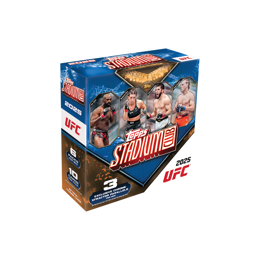 Box mit Topps UFC 2025 Stadium Trading Cards, mit 4 Kämpfern auf der Vorderseite.