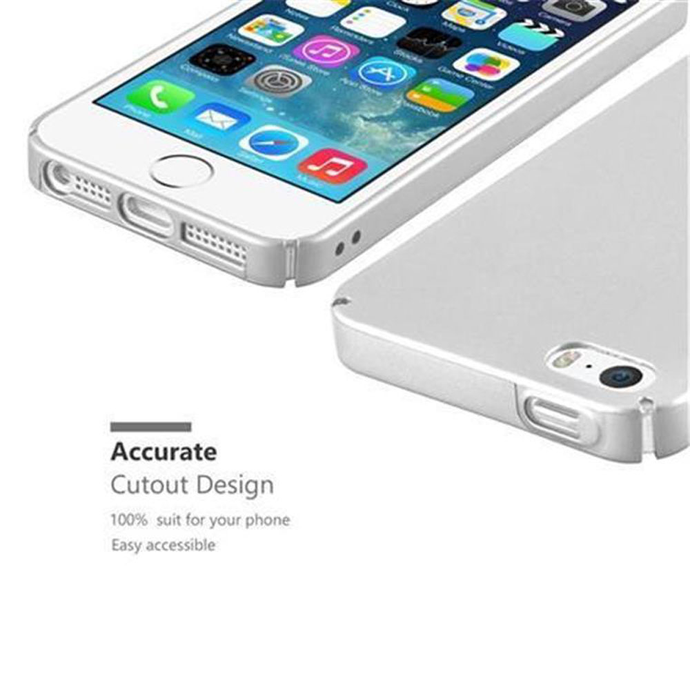 Silbernes iPhone mit Hülle. Vorderansicht zeigt Bildschirm. Rückansicht zeigt Kameralinse.
