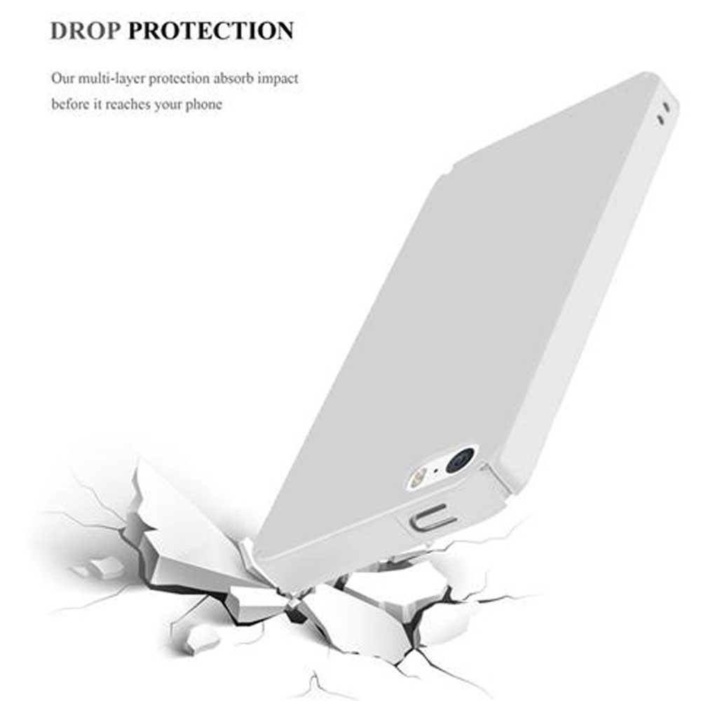 Ein hellgraues Handy fällt und zerbricht weiße Oberflächen.