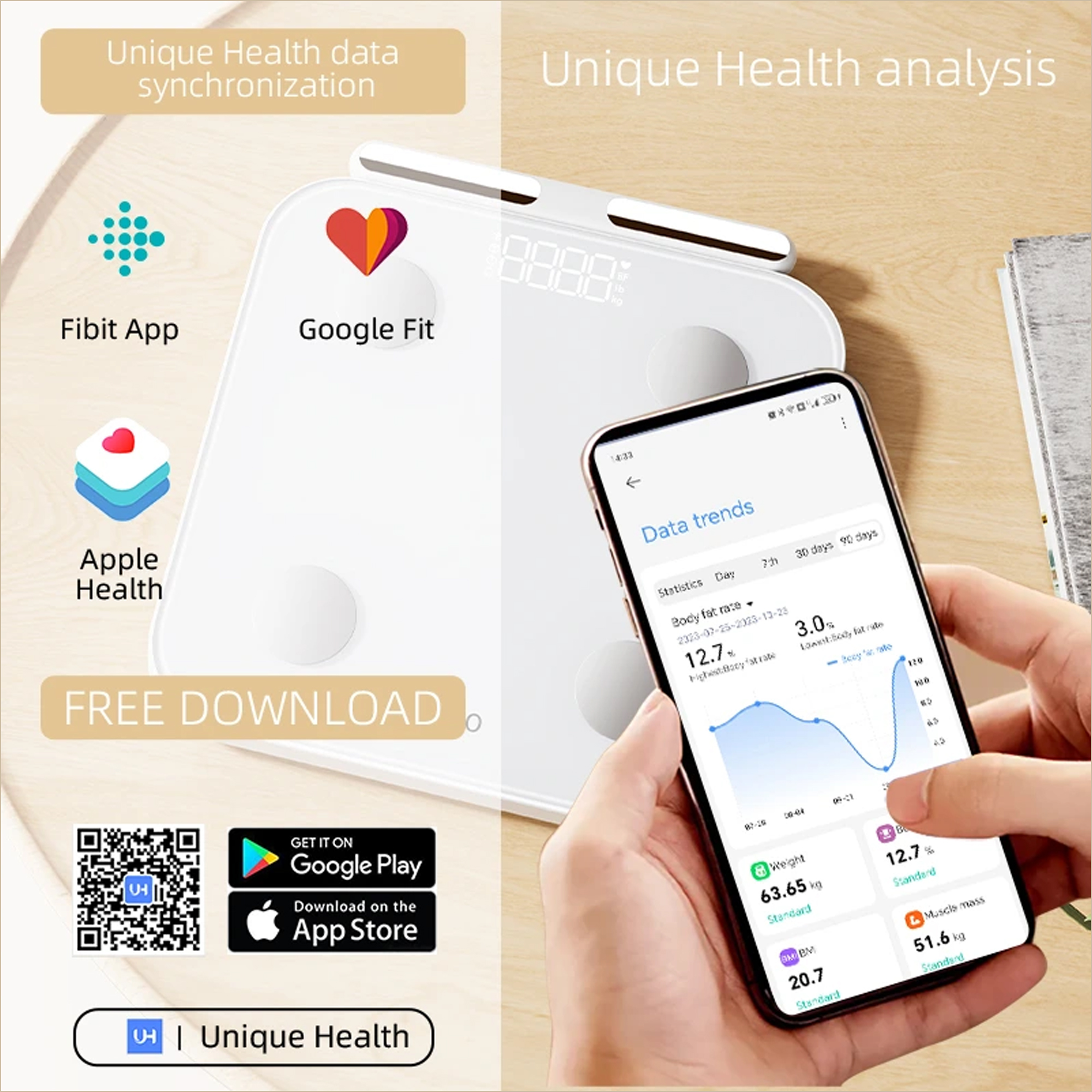 Eine weiße Waage mit einem Smartphone, das Gesundheitsdaten zeigt.