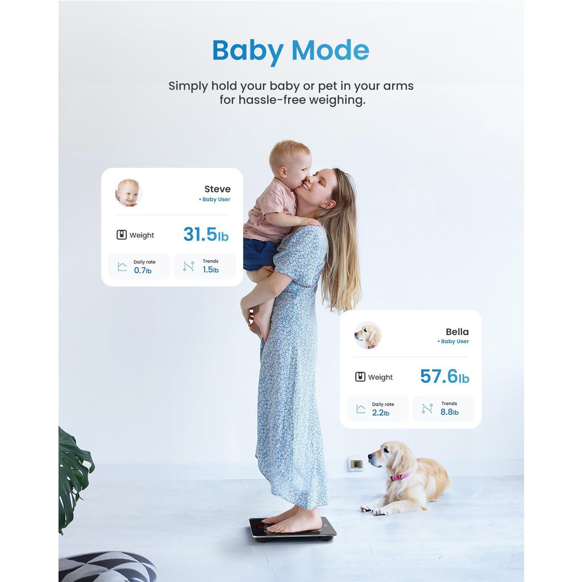 Eine Frau hält ein Baby, ein Hund liegt daneben. Waagenanzeigen für Baby und Hund.