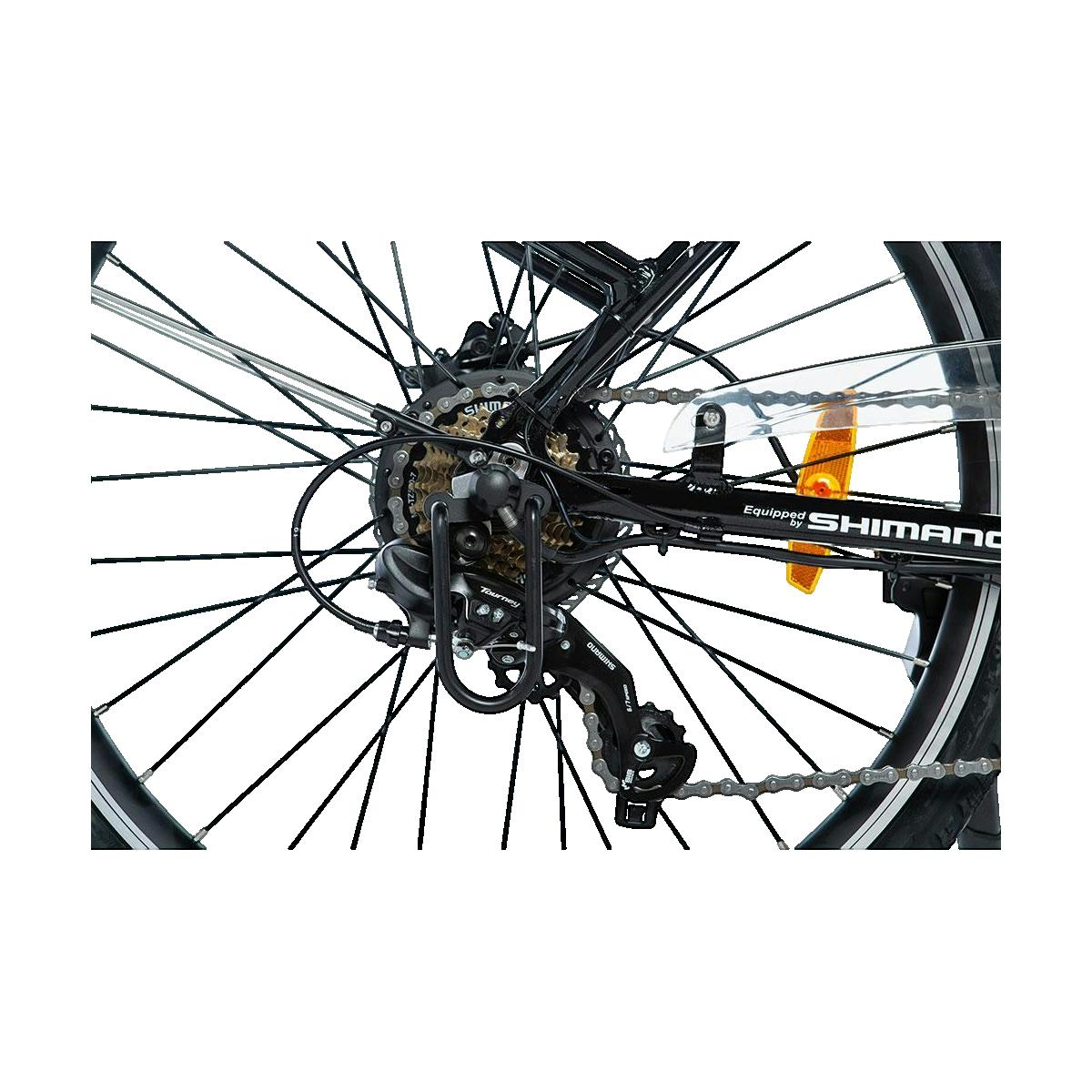 Primo piano del deragliatore posteriore, cassetta, catena e riflettore di una bicicletta.