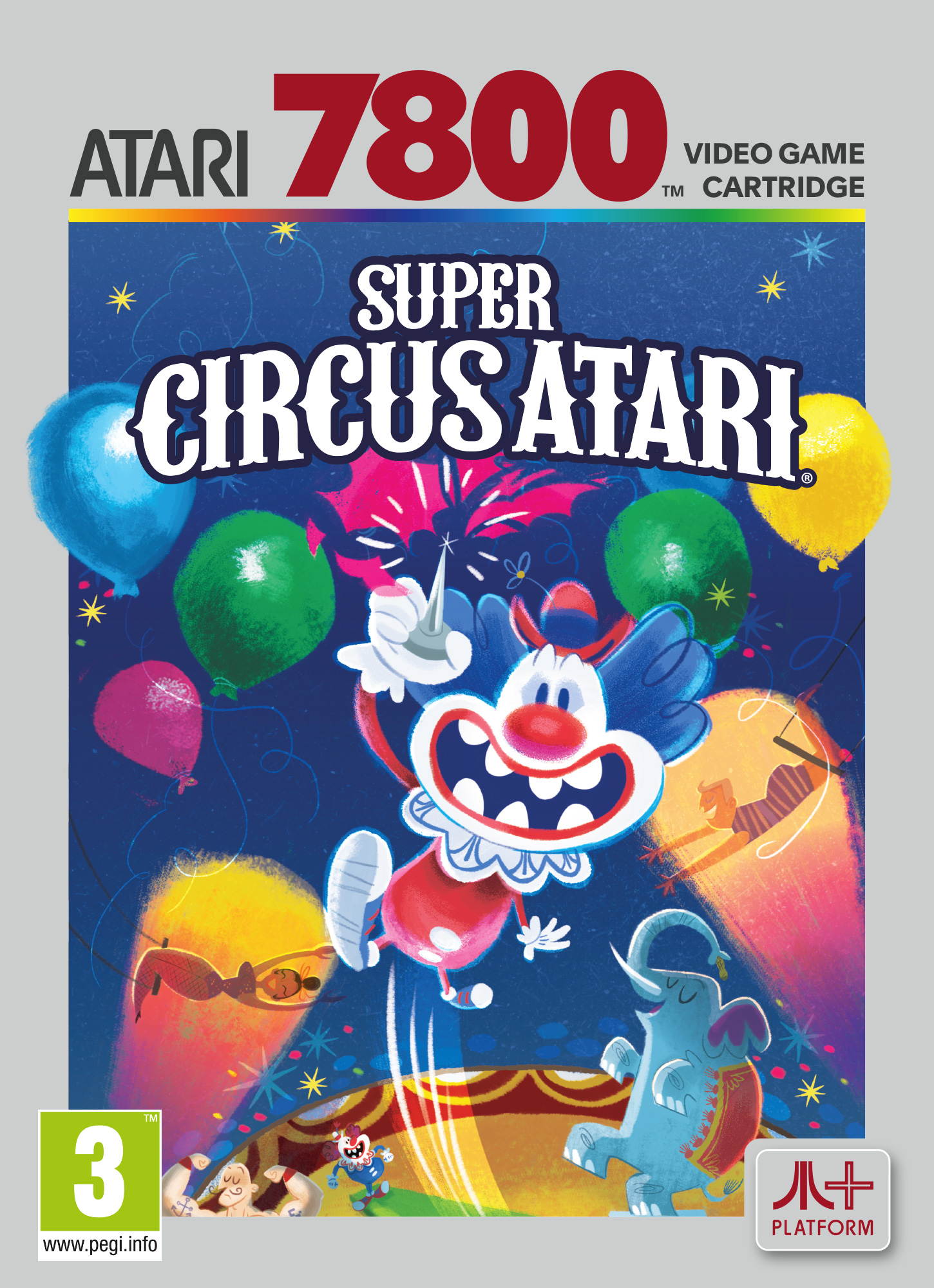 Un clown salta tra palloncini su un palco circense con un elefante.
