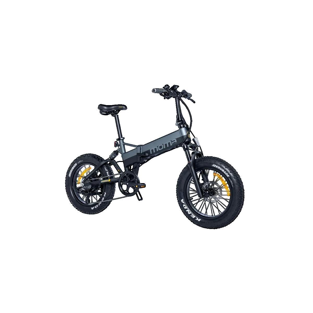 E-bike pieghevole grigia con pneumatici larghi, logo Moma, su sfondo bianco.