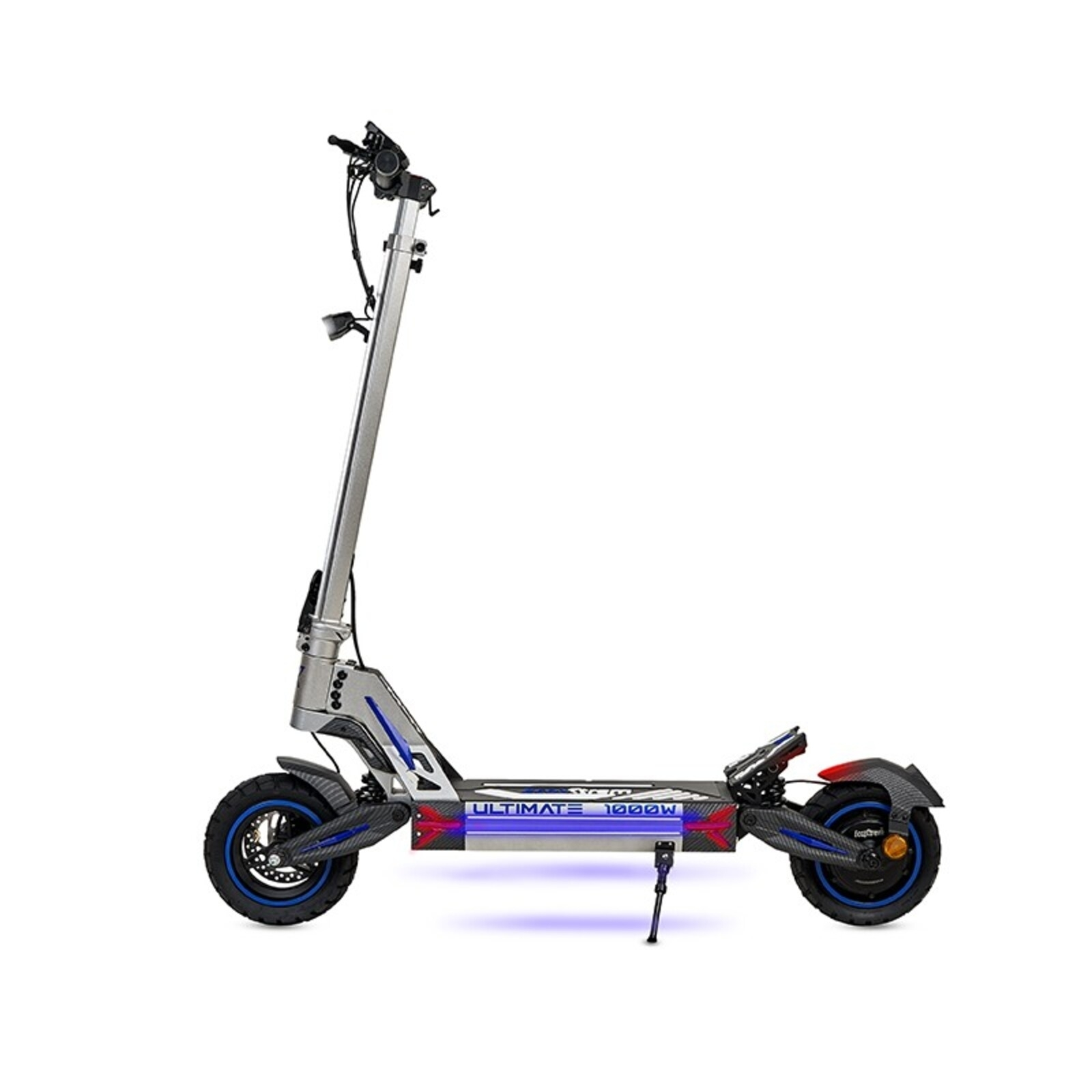 Un patinete eléctrico plateado con detalles azules está de pie.