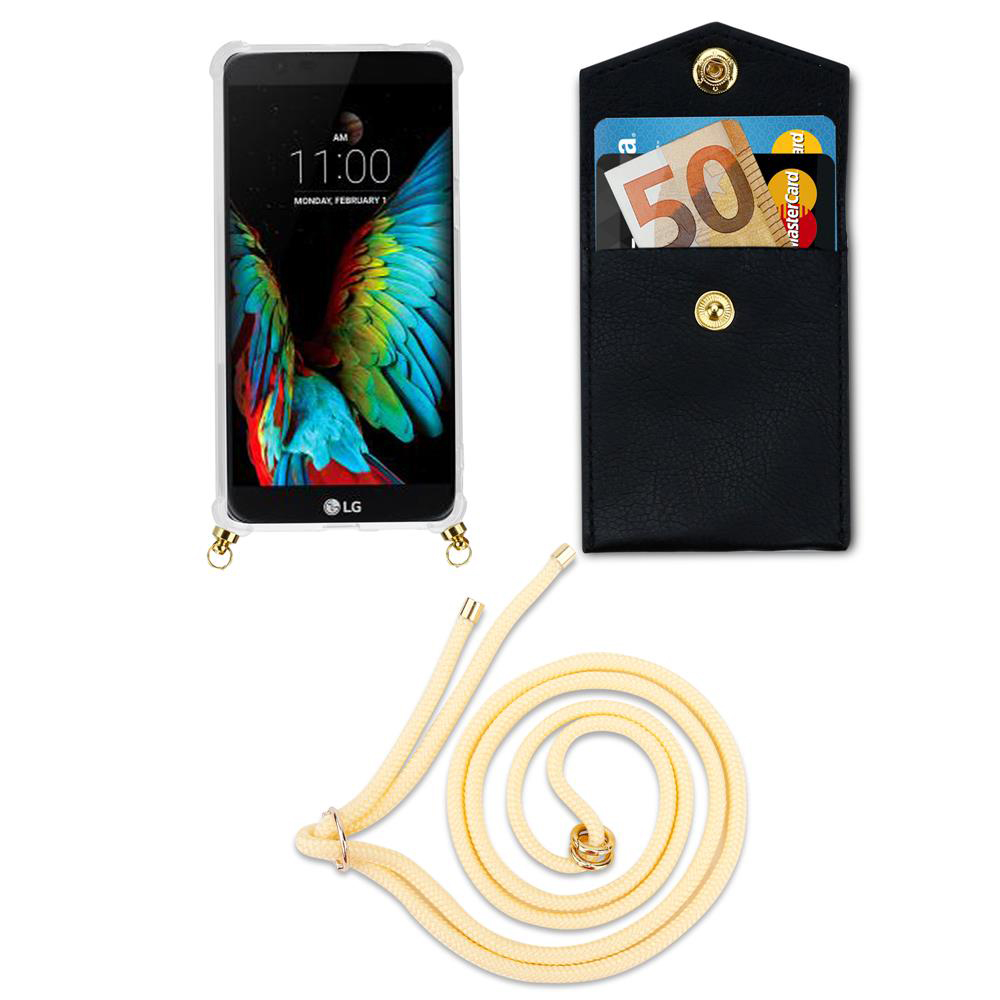 Ein LG-Smartphone mit bunter Display-Hintergrundgrafik, daneben eine schwarze Tasche mit Geld und Karten.