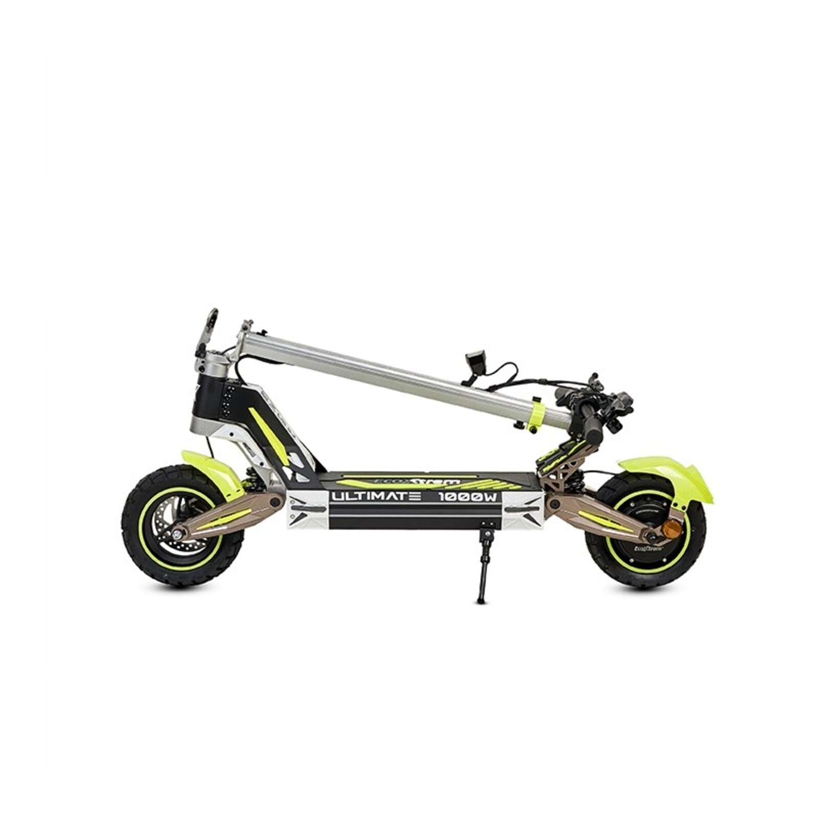 Un patinete eléctrico plateado con detalles amarillos, que muestra ULTIMATE 1000W.