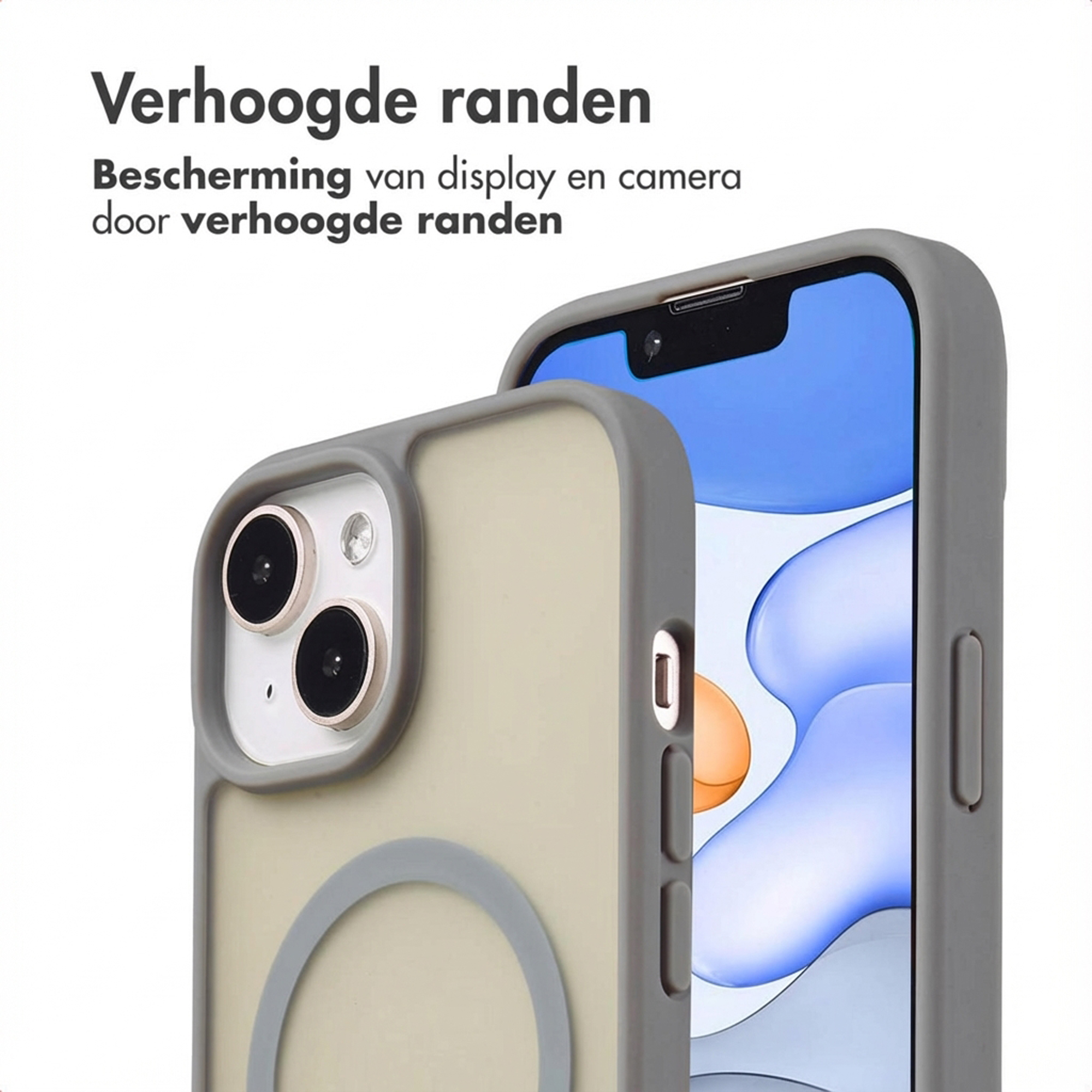 A grey phone case with raised edges protects the camera and display.