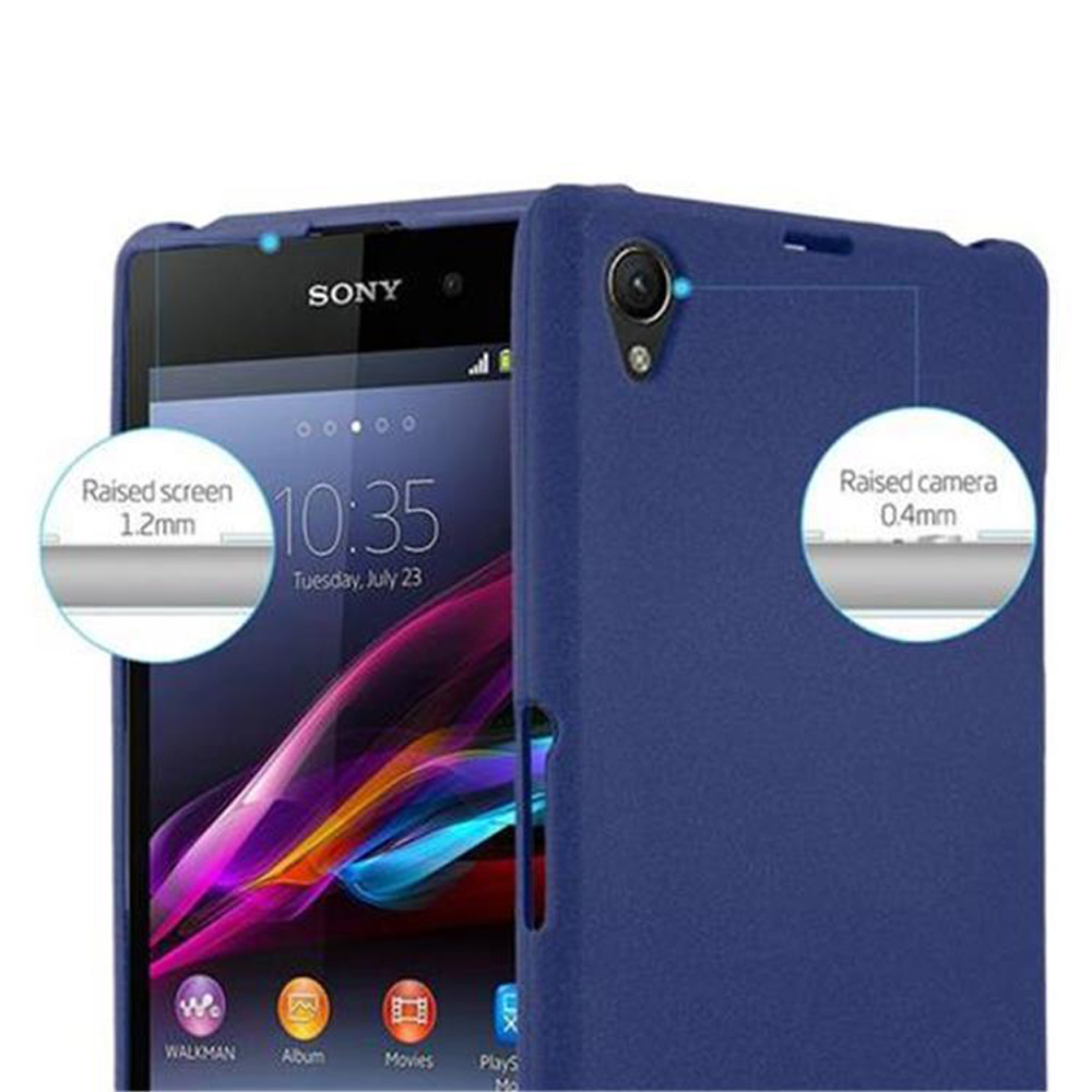 Teléfono azul oscuro en funda protectora. Pantalla elevada 1,2mm, cámara elevada 0,4mm.