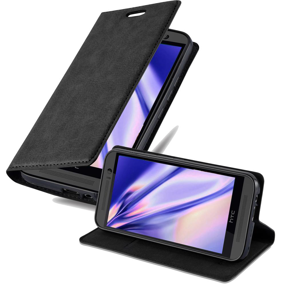 Dos fundas de teléfono negras con tapa abatible abierta, se ve un teléfono HTC.