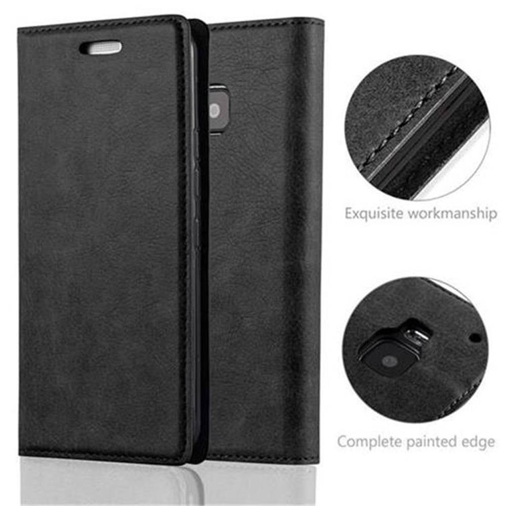 Funda tipo libro de cuero negro para smartphone con detalles.