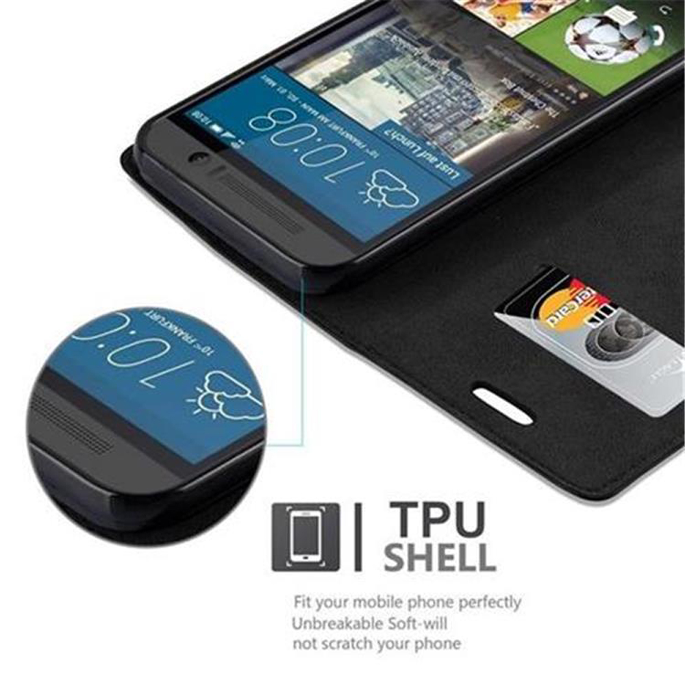 Funda tipo libro negra para móvil con tarjeta de crédito y pantalla.